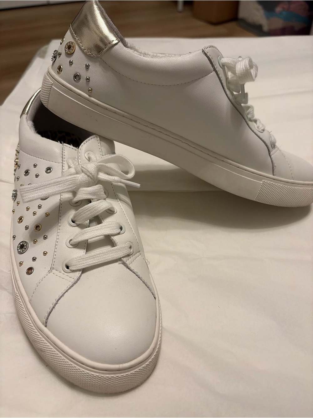 Chico's White Low-Top Sneakers with Gold Heel Accent and Studs